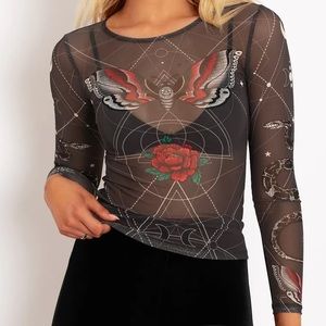 Blackmilk “TATTOOED ANGEL SHEER TOP 2.0” Size XL NWT Moths Roses